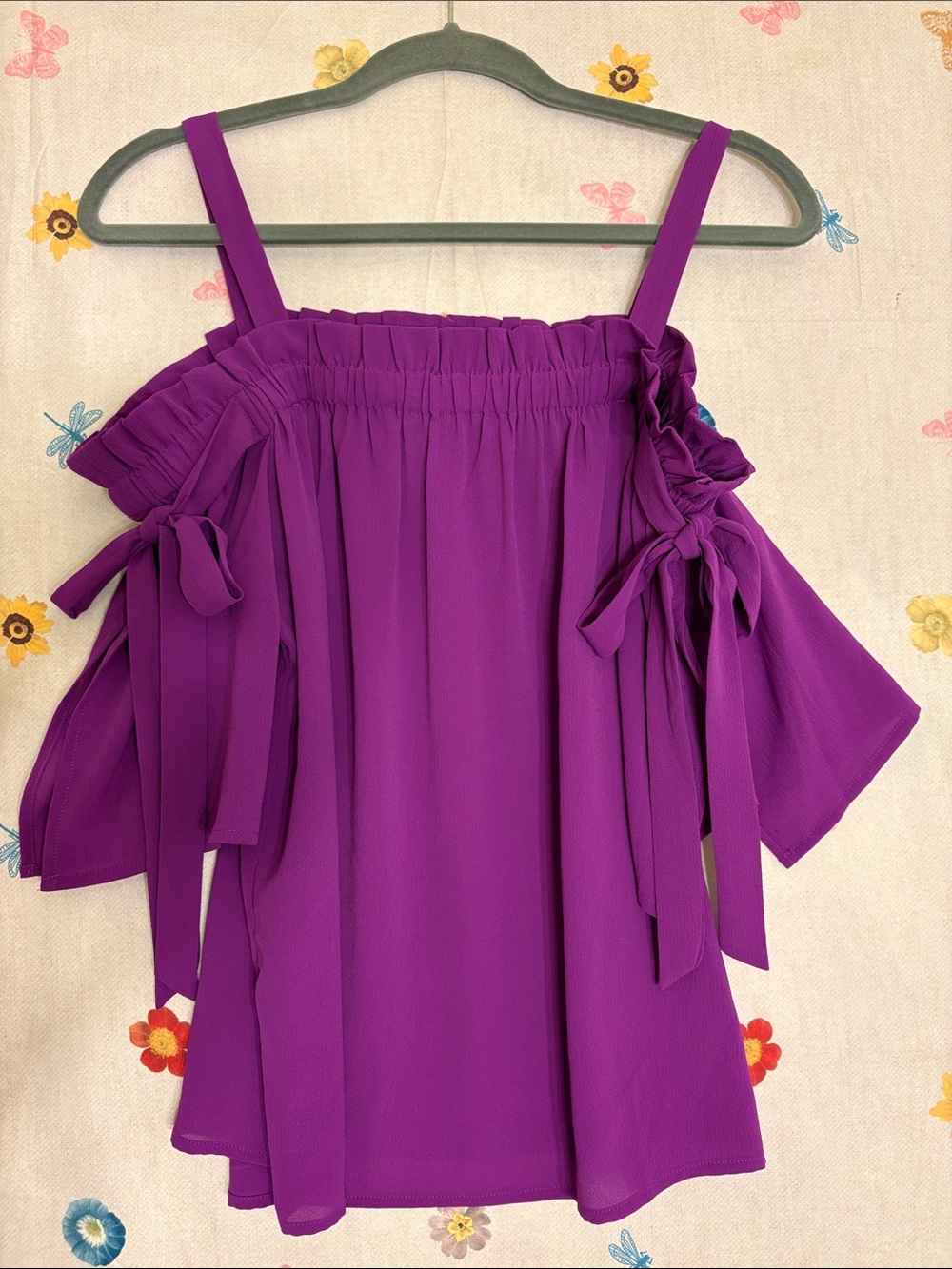 The Impeccable Pig Purple Off-Shoulder Tie-Sleeve Blouse